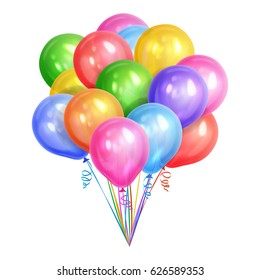 Bunch of realistic colorful helium balloons isolated on white background. Party decorations for birthday, anniversary, celebration. Vector illustration