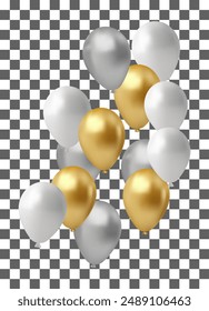 bunch of realistic golden ballons and ribbons, serpentine, gold confetti. Vector illustration for card, party, design, flyer, poster, decor, banner, 