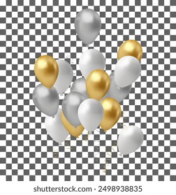 bunch of realistic golden ballons and ribbons, serpentine, gold confetti. Vector illustration for card, party, design, flyer, poster, decor, banner, 