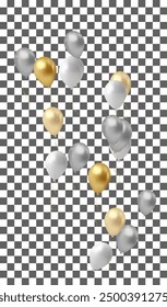 bunch of realistic golden ballons and ribbons, serpentine, gold confetti. Vector illustration for card, party, design, flyer, poster, decor, banner, 