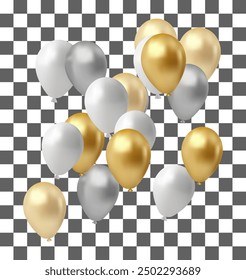 bunch of realistic golden ballons and ribbons, serpentine, gold confetti. Vector illustration for card, party, design, flyer, poster, decor, banner, 