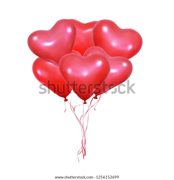 バレンタインデー用のリアルな心風船の束 ハートの形とリボンの輝くヘリウム風船のセット 結婚式とバレンタインの風船 のベクター画像素材 ロイヤリティ フリー