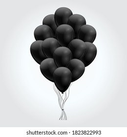 Bunch of realistic shiny 3D black balloons with a ribbon on a gray background. Black Friday shopping sale grand opening entertainment symbol. Christmas and new year selling. Vector illustration
