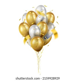 Bunch of realistic transparent, golden ballons and gold ribbons, serpentine, confetti. Bouquet. Vector illustration for card, party, design, flyer, poster, decor, banner, web, advertising.