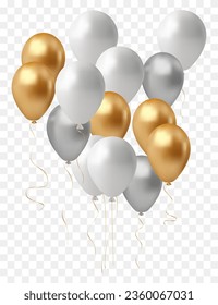 bunch of realistic transparent, golden, silver, black ballons, ribbons, serpentine, confetti. Vector illustration.