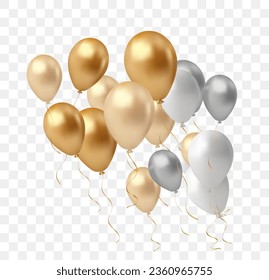 bunch of realistic transparent, golden, silver, black ballons, ribbons, serpentine, confetti. Vector illustration.