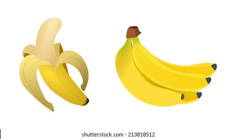 Bunch of realistic yellow bananas and 3d half peeled banana. vector art image illustration, isolated on white background