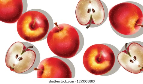 A bunch of red apples, half sliced. Vector