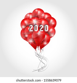  Bunch of red balloons, glowing snowflakes and a white sign 2020 - element for New Year's design. Emblem of red balloons and white sign 2020 on a white background