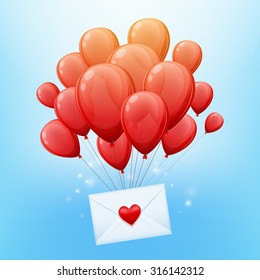 Bunch or red balloons with love letter envelope vector illustration. Good for birthday valentines day party invitation design.