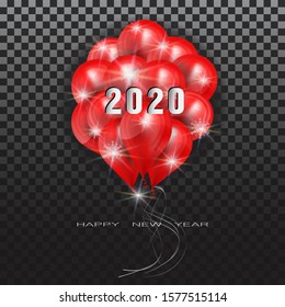 Bunch of red balloons with snowflakes and 2020 sign on  transparent background. Element for New Year's design.