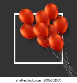 Bunch of red balloons with square frame. Black background. Space for text. Vector festive illustration.