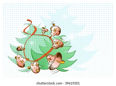 bunch of red bells on dot background with spruces silhouettes