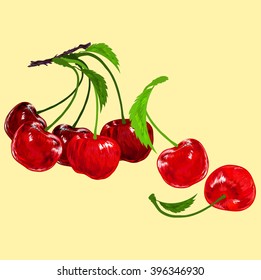 bunch of red cherries with leaves