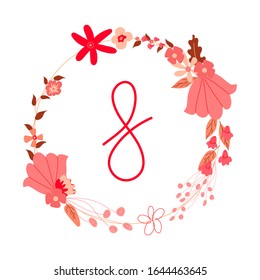 Montón de flores rojas alrededor del marco Día Internacional de la Mujer 8 marchas afiche postcardor o anuncio de la ilustración vectorial aislada en fondo blanco 