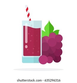 A bunch of red grapes and grape juice in a glass with straws vector flat material design isolated on white