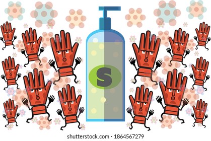a bunch of red hands run toward a giant bottle of soap with germs in the air. wash your hands reminder