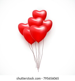 Bunch of red heart shaped flying balloons with string isolated on white background. Vector illustration for your graphic design.
