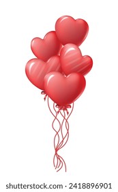 A bunch of red heart-shaped balloons isolated on a transparent background. Vector illustration.