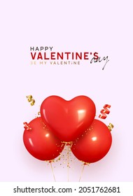 Bunch of red helium balloons on ribbon with gold glittering confetti, baloons are round and in shape heart. Realistic 3d design for Valentine's Day, wedding, birthday. Vector illustration