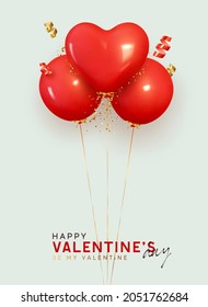 Bunch of red helium balloons on ribbon with gold glittering confetti, baloons are round and in shape heart. Realistic 3d design for Valentine's Day, wedding, birthday. Vector illustration