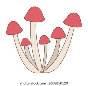 Bunch of red mushrooms with white stems and thin caps.