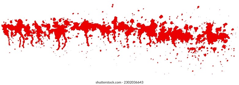 Montón de manchas de pintura roja con filtraciones sobre fondo blanco. Sangre escarlata o salsa salpicada en la pared. Textura de salpicador acuarela. Ilustración del vector abstracto. Tinta líquida rala. Patrón de grifo de horror