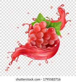 Bunch of red or pink grapes in juice or wine splash realistic.