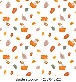 Bunch of red ripe berries with autumn brightly colored leaves seamless pattern, seasonal fall simple ornament, minimalist concept