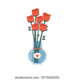 Bunch of red rose flower. Red rose in the vase. Glass vase with flower. Bloom. Floral decoration. House plant. Floral element.