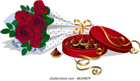 Bunch of red roses and box of chocolate candy truffles