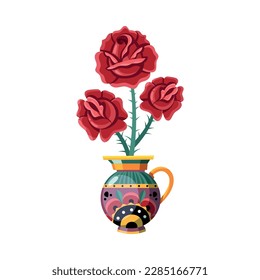 Bunch of red roses in colorful ornamental vase flat vector illustration