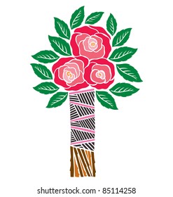 A bunch of red roses with leaves tied together, illustrated with cut out style.
