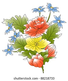 The bunch of a red, yellow, blue flowers
