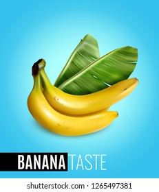 Bunch of ripe bananas with palm leaf advertising natural food taste realistic poster blue background vector illustration