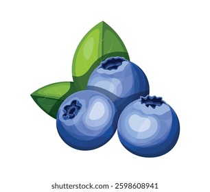 A bunch of ripe blueberries in cartoon style. Vector illustration of a group of blueberries, a branch with berries, green leaves, isolated on a white background. Healthy snacks. Vitamin berries.