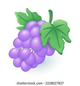 Bunch of ripe sweet grapes with leaves 3D icon. Raw vitamin ingredient for food, wine and healthy juice making 3D vector illustration on white background. Agriculture, dessert, vineyard concept