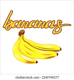 A bunch of ripe yellow bananas. Template for web design and packaging design. Lettering and calligraphy. Isolated on a white background. Vector illustration.