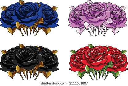 bunch of rose vectors in different colors black blue red pink and golden. Can be used as a sticker or printed on an invitation card. 3d design with light and shadow. useful png for posters and posts