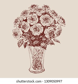 A bunch of roses in a flower vase hand drawing