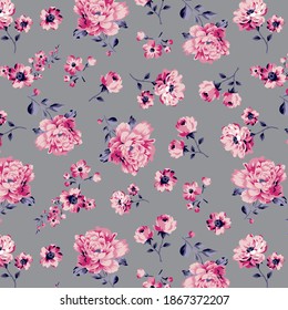 Bunch of roses pattern with ditsy flowers for textile print