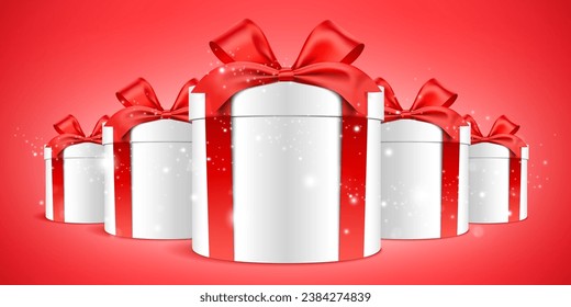 Bunch of round white gift boxes with ribbons and glitter flare standing on the red background. Holiday surprise giftbox vector banner design.