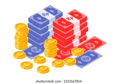 Bunch of rupiah coin and paper money icon vector Logo illustration and design. Indonesian currency and Payment instrument element.  Can be used for web and mobile development. Suitable for infographic