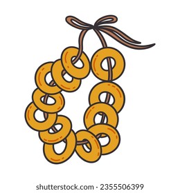 Bunch of Russian bagels on a rope. Round sushki, bubliki or baranki, traditional Russian cuisine, pastries. Colorful vector isolated illustration hand drawn bakery with contour