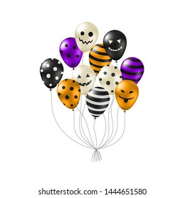 Bunch of scary helium balloons for Halloween celebration isolated on white background.
