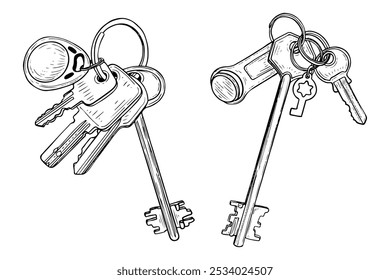 Conjunto de llaves dibujado a mano boceto. Llave para la cerradura de la puerta principal de la casa. Apertura, cierre. Llavero. Vector grabado ilustración de arte de línea.