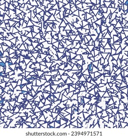 A bunch of shards or fragments in the shape of a triangle. Design for textiles or wallpaper. Seamless pattern in blue and white. 