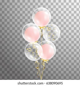 Bunch of Shine transparent balloon on background.  Party decorations for birthday, anniversary, celebration. Vector