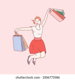 A bunch of shopping girls are jumping in joy. hand drawn style vector doodle design illustrations.