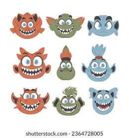 Ein Haufen dummer und unterhaltsamer Monsterausdrücke. Cartoon-Stil.